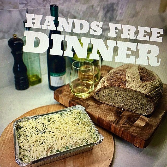 take and bake dinner with wine and sourdough loaf